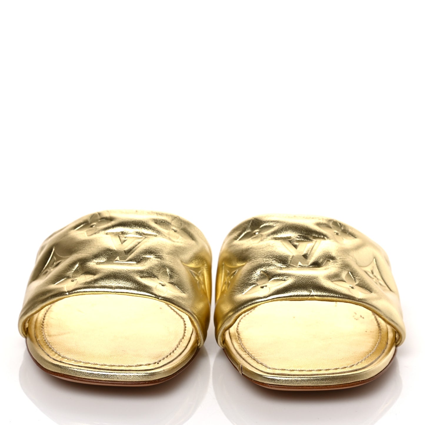 Metallic Lambskin Embossed Monogram Revival Flat Mules 35 Gold