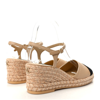 Chanel Lambskin Grosgrain CC Espadrilles Wedges 37 Beige Black 4 of 8
