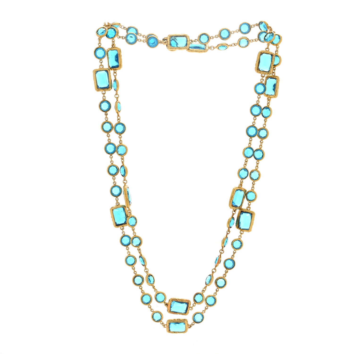 Chanel Swarovski Crystal Chicklet Sautoir Necklace Gold Blue 3 of 4