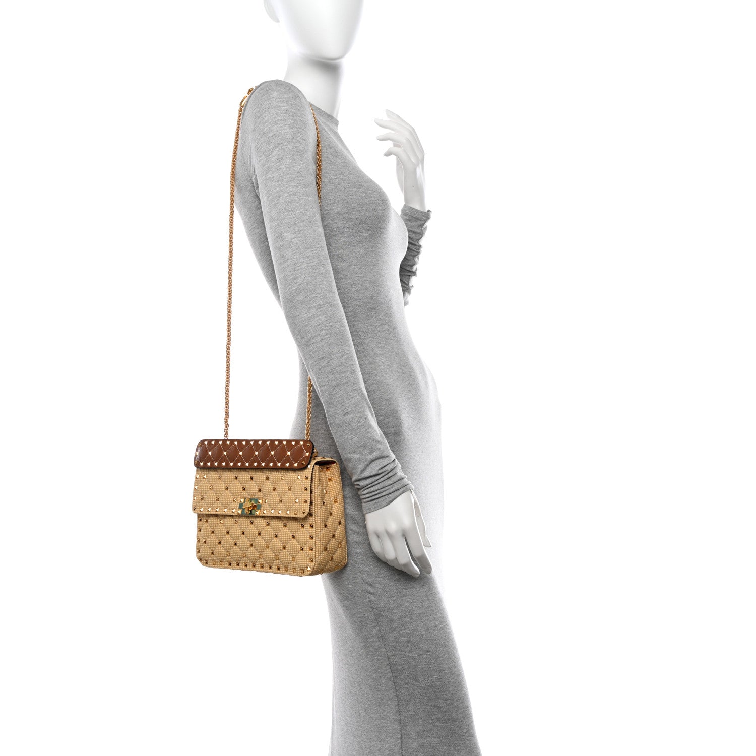 Valentino Garavani Raffia Medium Rockstud Spike Shoulder Bag Natural Tan 2 of 9