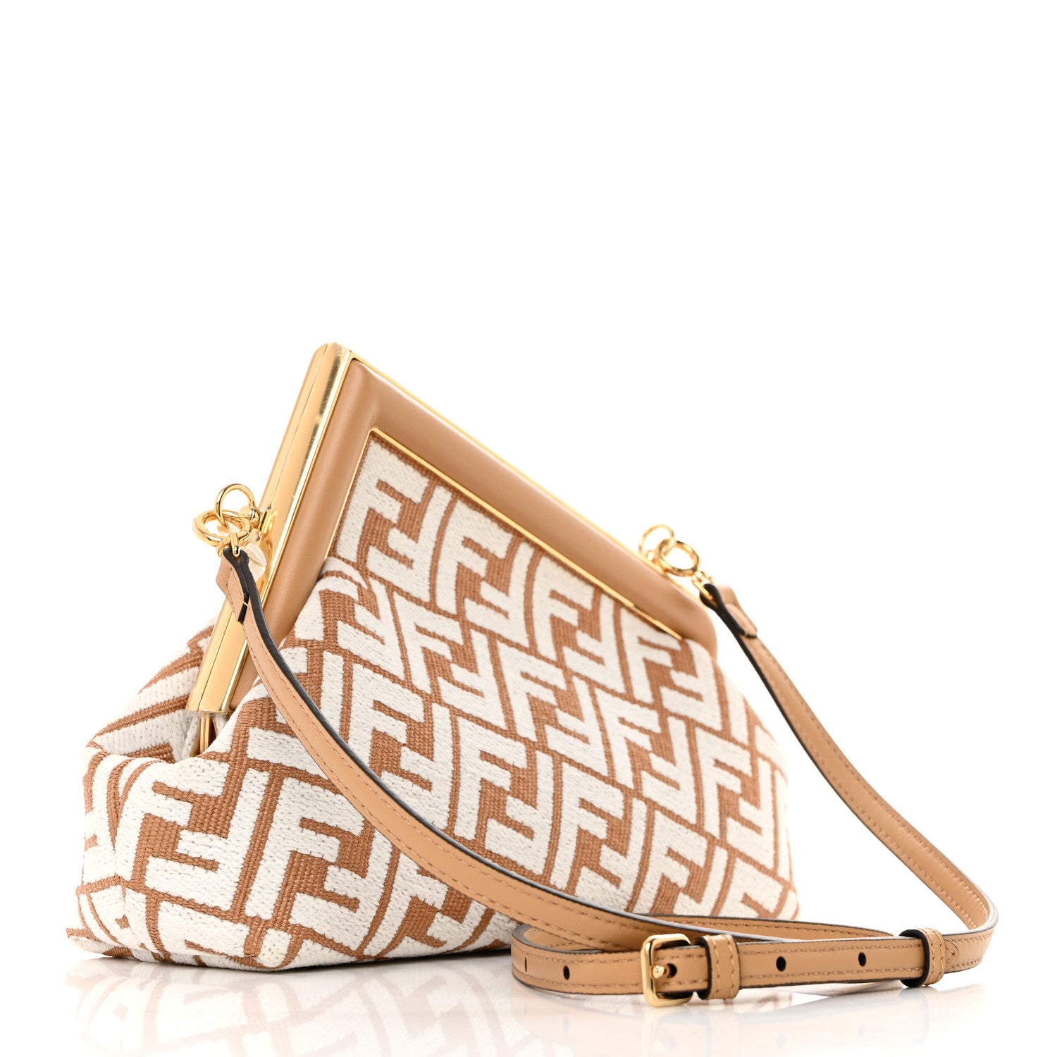 Fendi Raffia Chenille Shiny Nappa FF 1974 Small Fendi First Natural White Miele Scuro 2 of 12