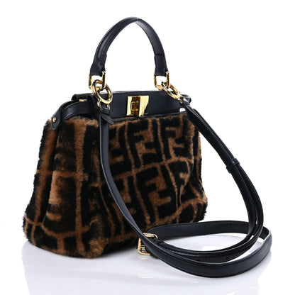 Fendi Shearling Nappa Macro FF 1974 Mini Peekaboo Iconic Satchel Tobacco Black 3 of 7