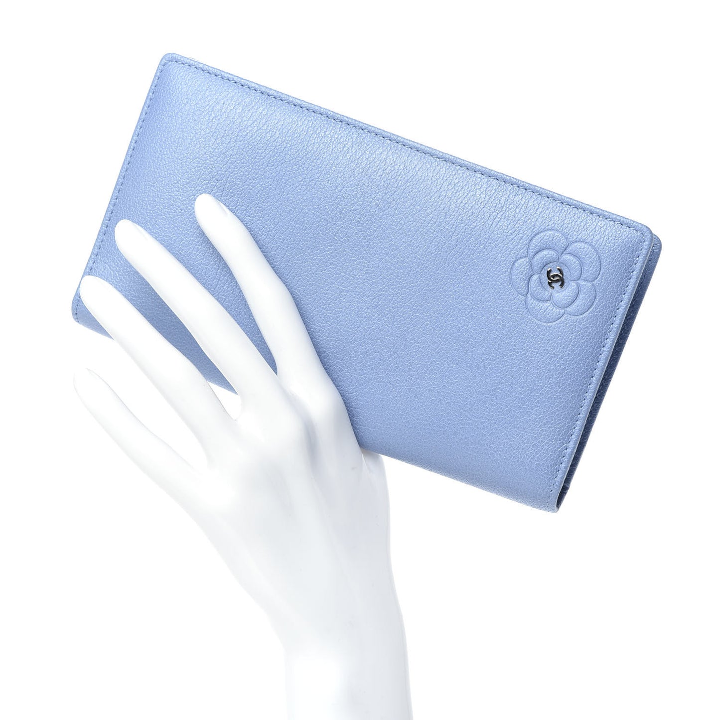 Goatskin Camellia Embossed Yen Wallet Blue