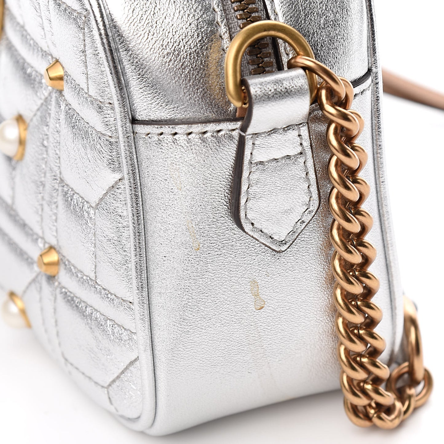 Metallic Calfskin Matelasse Studded Small Pearly GG Marmont Chain Shoulder Bag Silver
