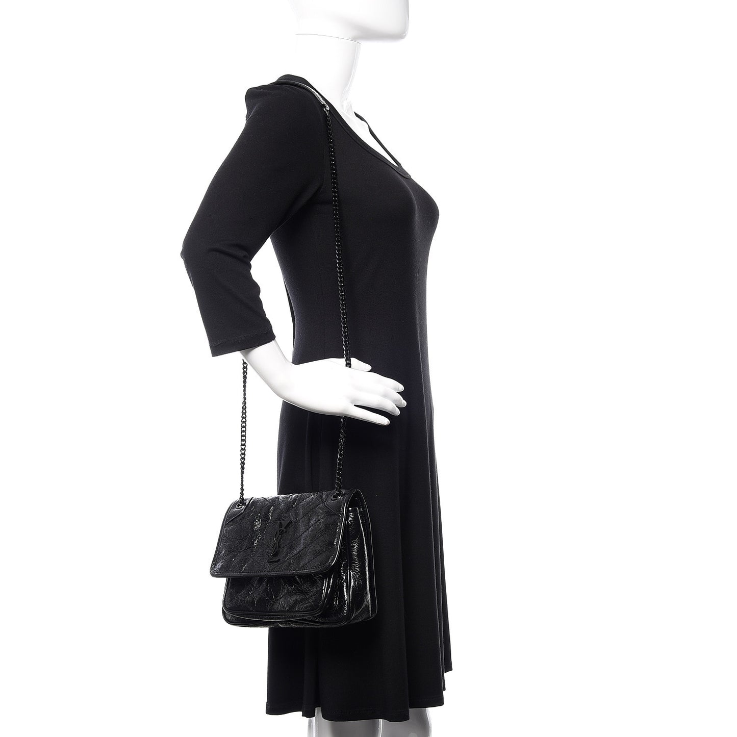 Crinkled Calfskin Matelasse Monogram Baby Niki Chain Satchel Black
