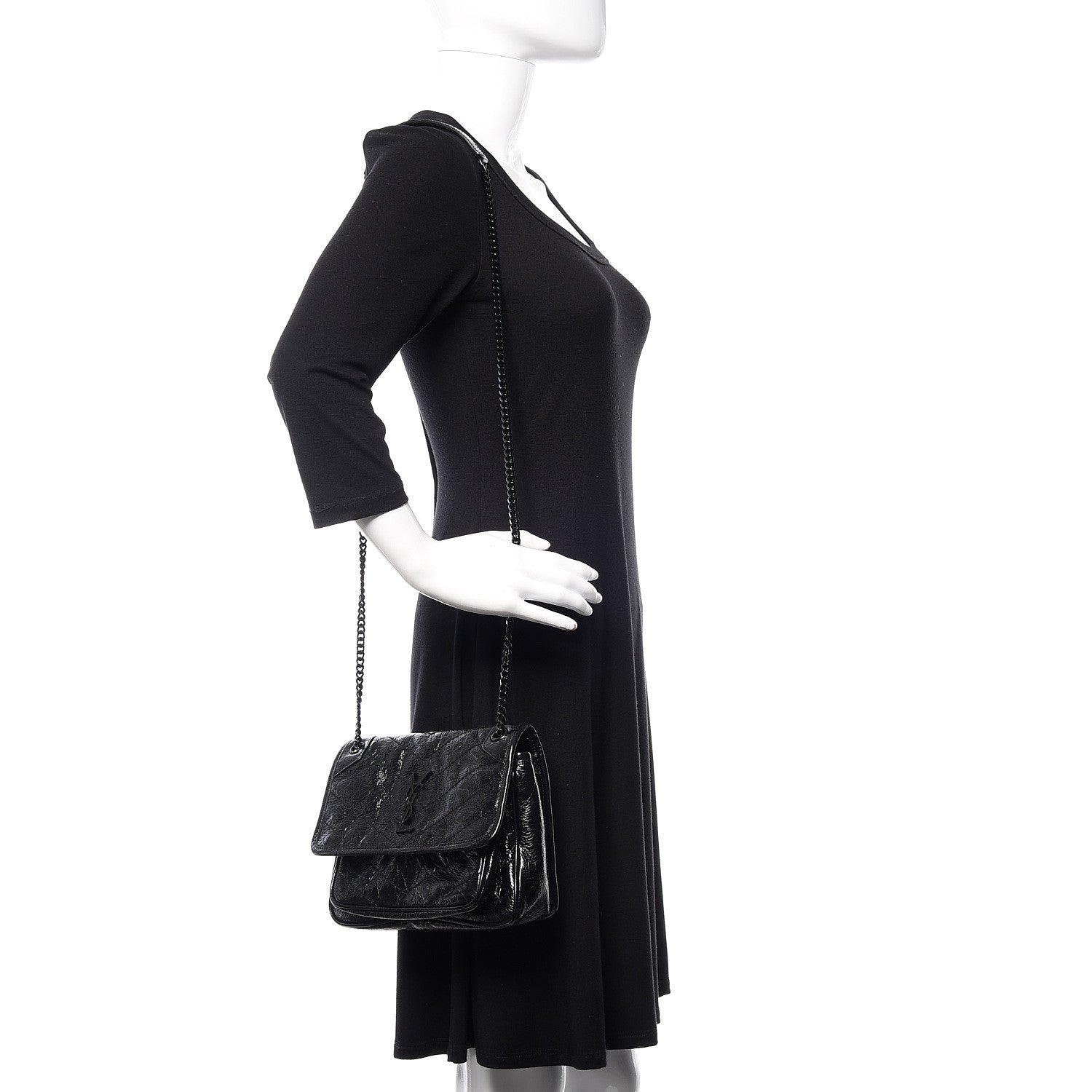 Saint Laurent Crinkled Calfskin Matelasse Monogram Baby Niki Chain Satchel Black 2 of 10