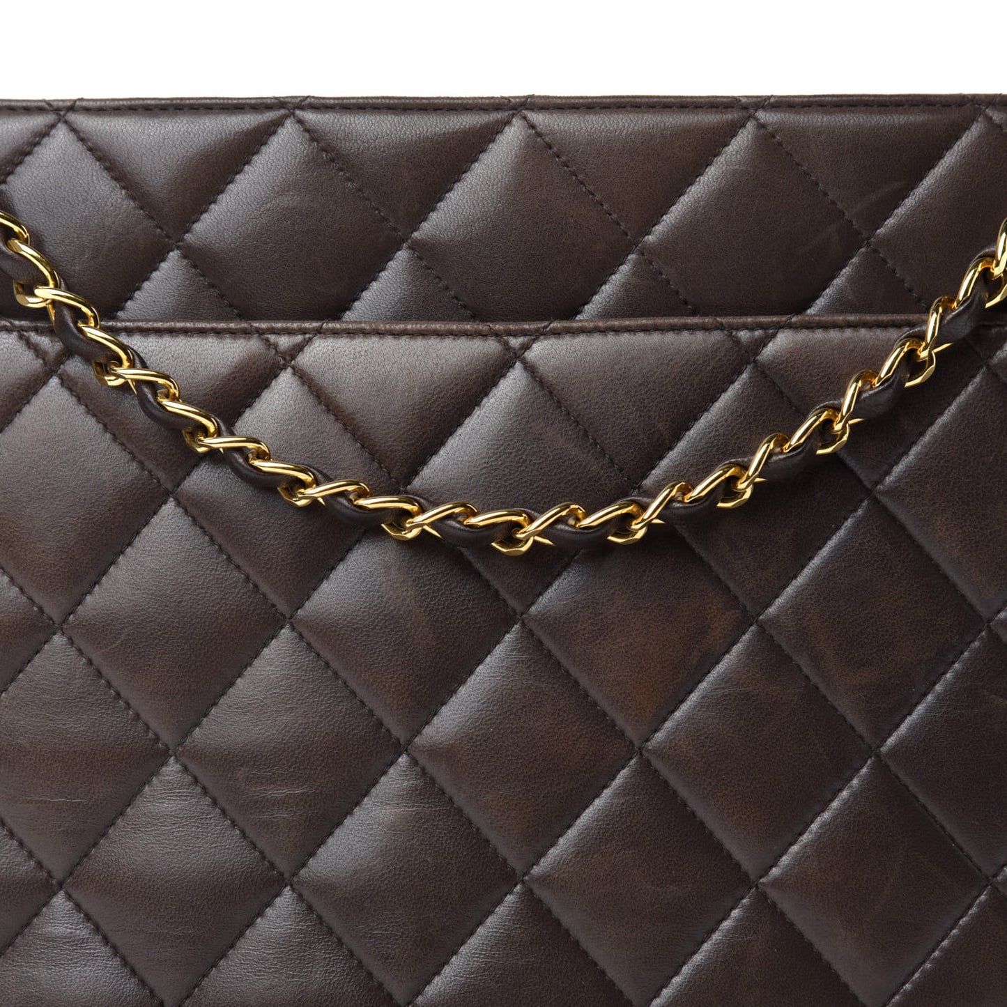 Lambskin Quilted Shopping Tote Dark Brown