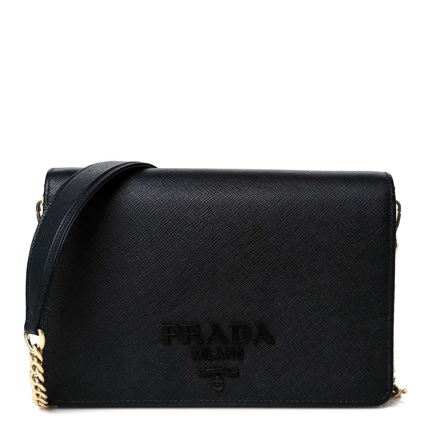 Prada Saffiano Lux Metal Logo Monochrome Mini Flap Chain Shoulder Bag Black 1 of 11