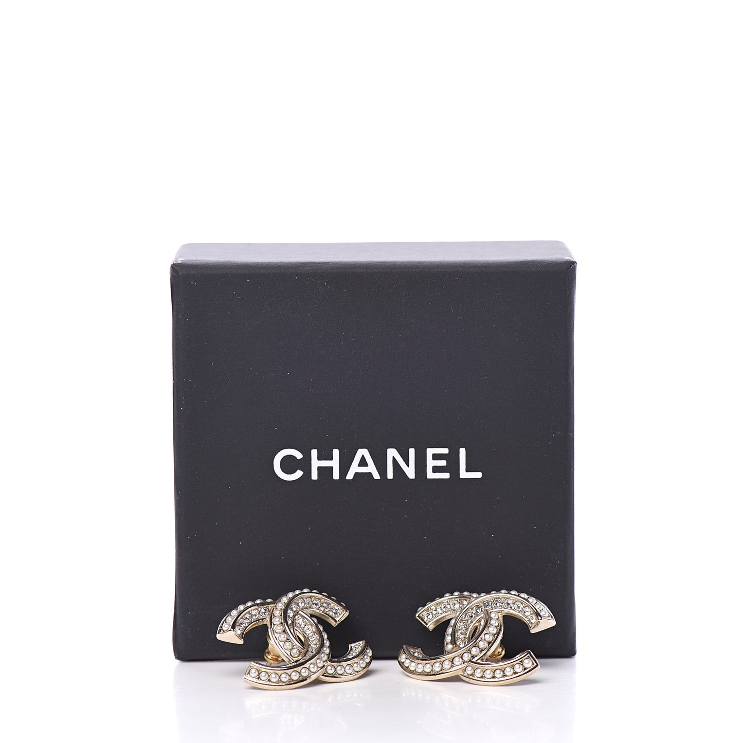 Crystal Pearl Chain Mania CC Earrings Gold