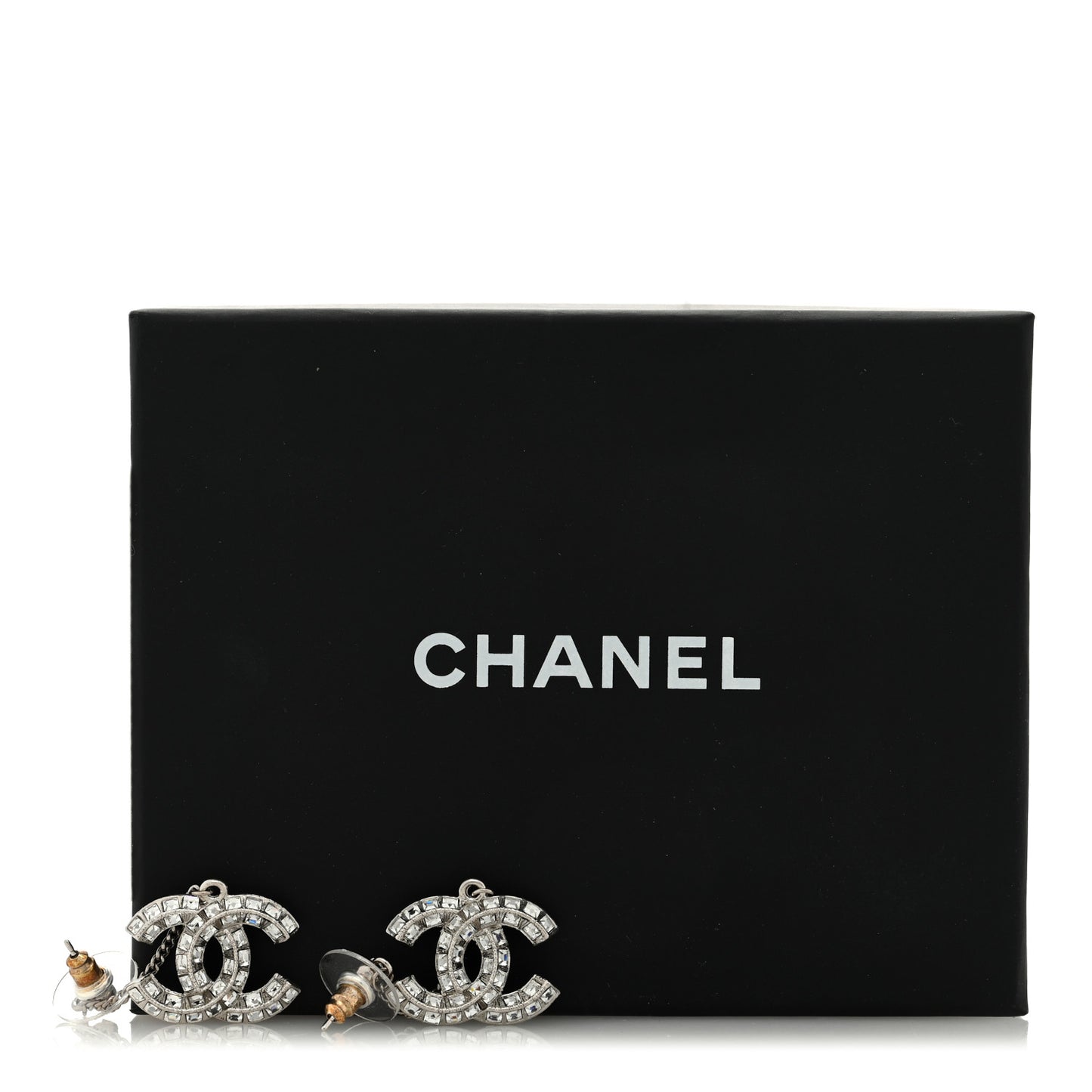Baguette Crystal CC Drop Earrings Silver
