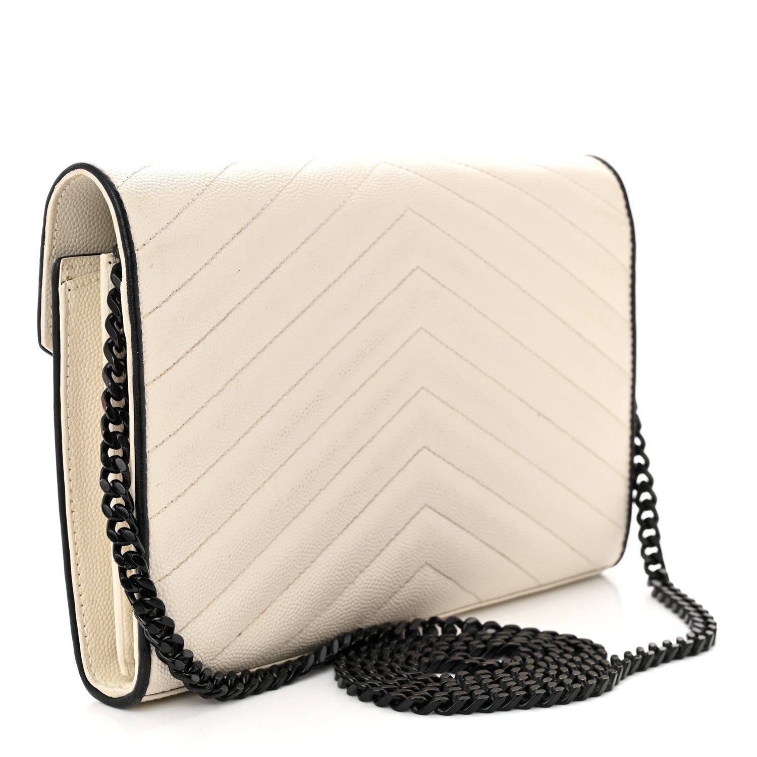 Saint Laurent Grain De Poudre Matelasse Monogram Chain Wallet White Black 3 of 17