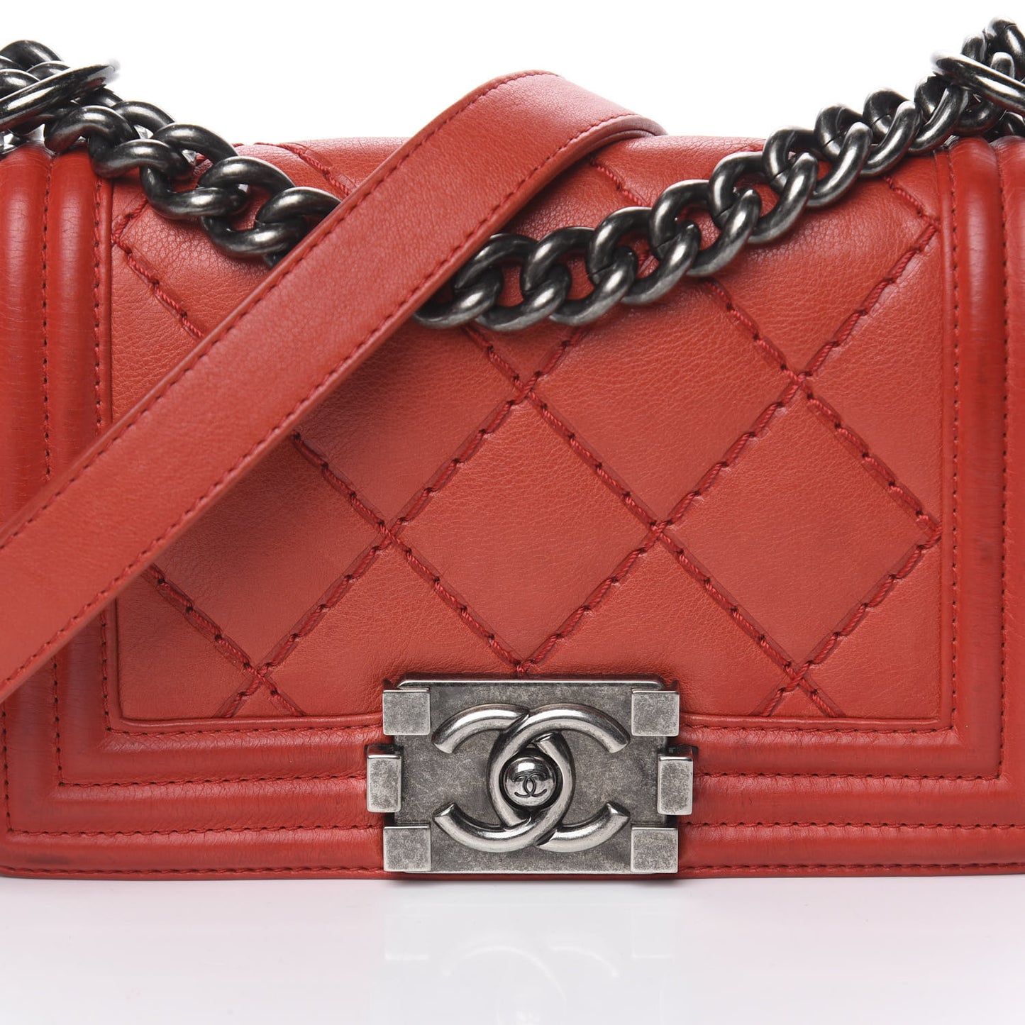 Calfskin Double Stitch Small Boy Flap Red