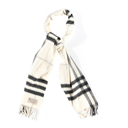 Burberry Cashmere Giant Check Icon Stripe Fringe Scarf Natural White 1 of 4