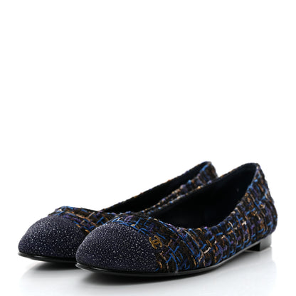 Chanel Tweed Cap Toe Ballerina Flats 37 Blue Black 3 of 9