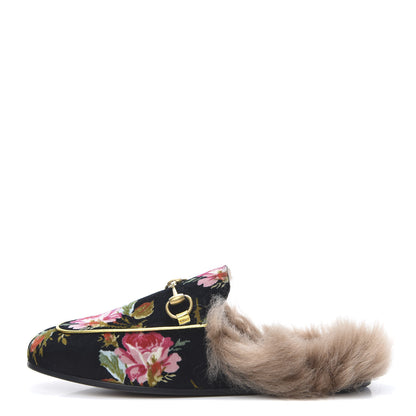 Gucci Velvet Fur Floral Womens Princetown Slippers 35 Black 1 of 7