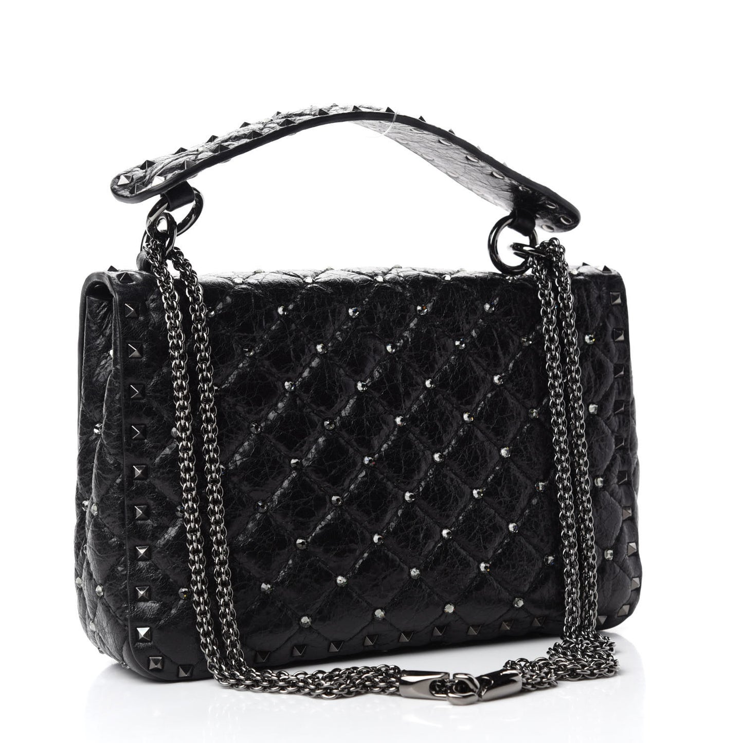 Craquele Nappa Medium Rockstud Spike Shoulder Bag Black