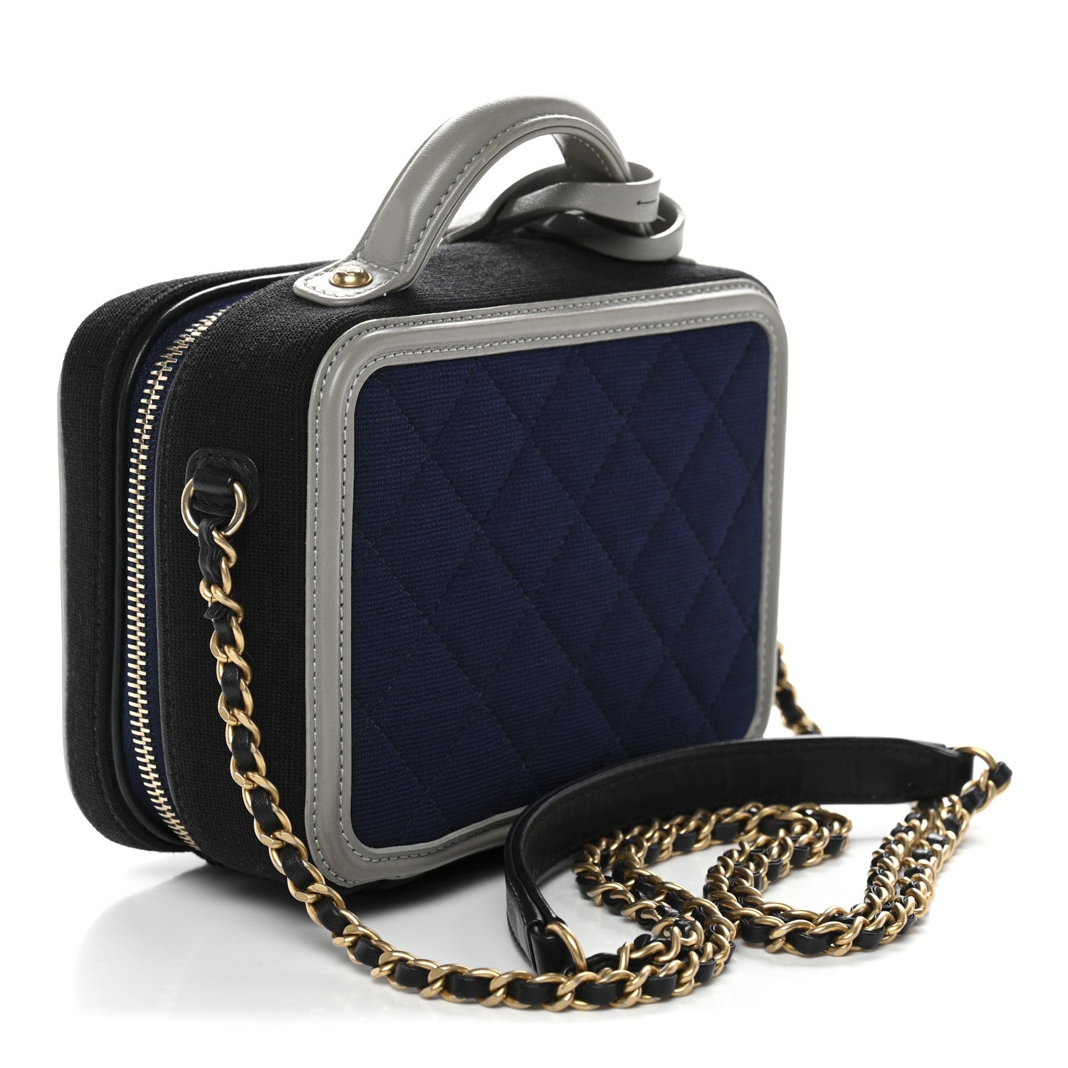 Chanel Jersey Quilted Small CC Filigree Vanity Case Blue Black Grey 3 of 10