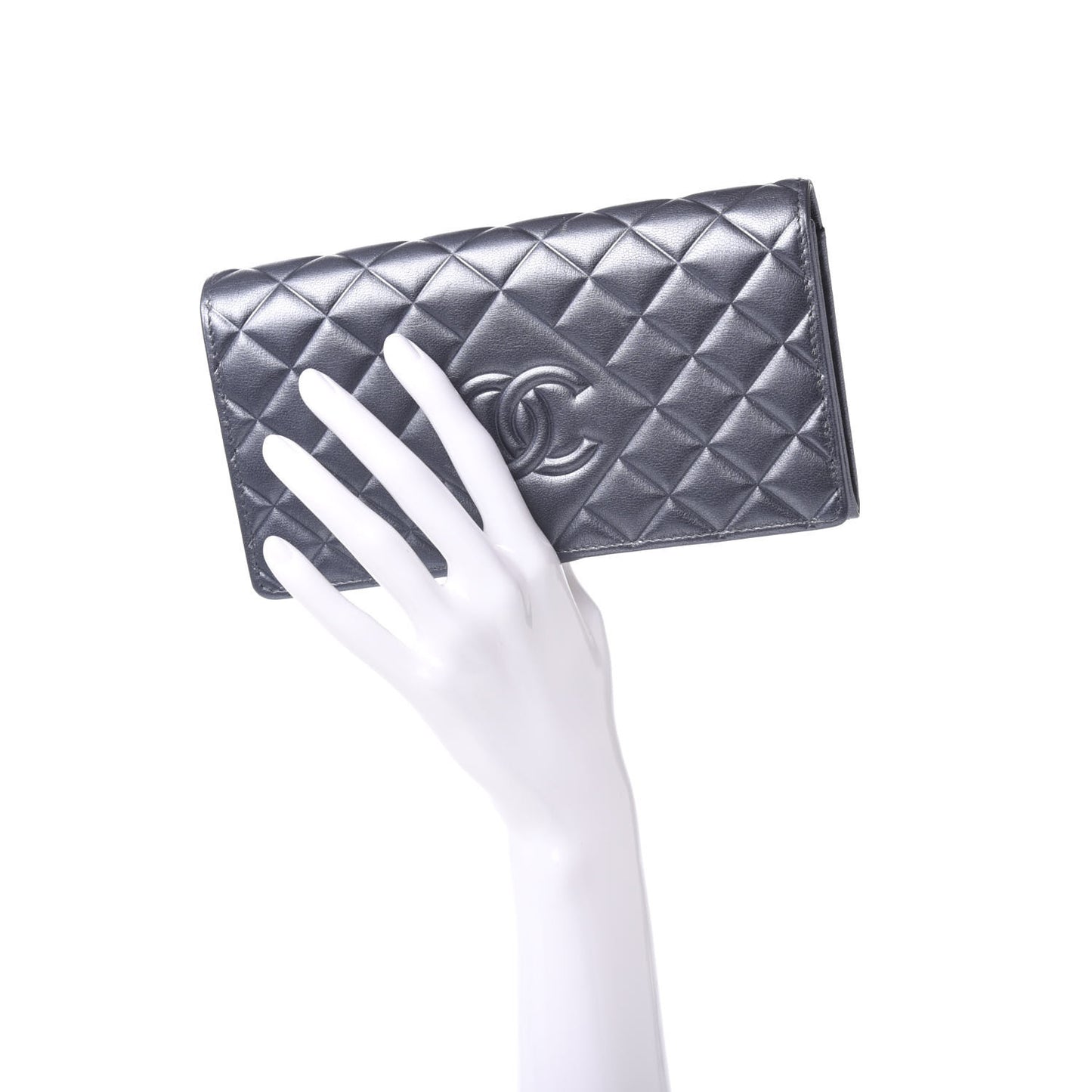 Calfskin Quilted Large Diamond CC Flap Wallet Dark Silver