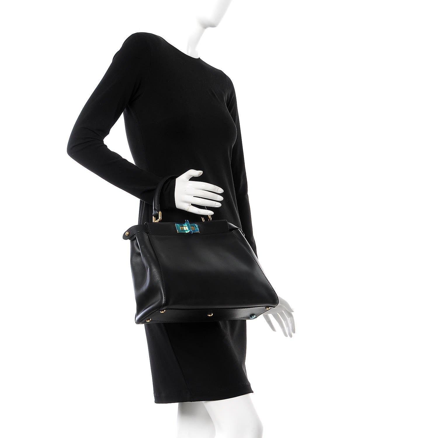 Fendi Vitello Morgan Shiny Nappa Medium Peekaboo Iconic Satchel Black Rosa Plaster 2 of 9