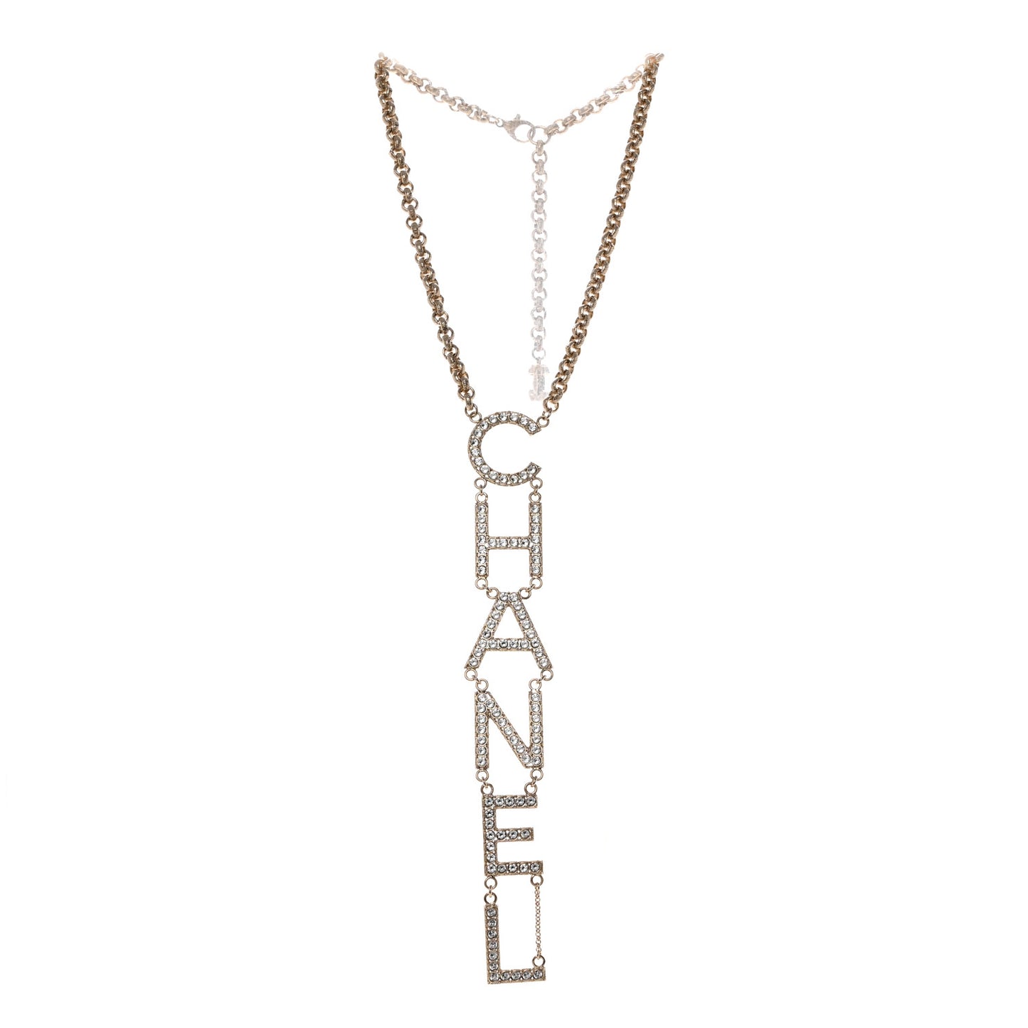 Metal Crystal Cha-Nel Logo Necklace Gold