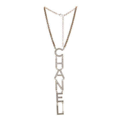 Chanel Metal Crystal Cha-Nel Logo Necklace Gold 3 of 5