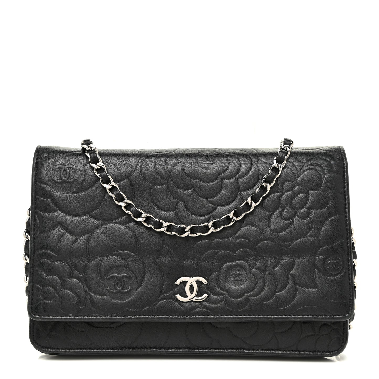Lambskin Camellia Embossed Wallet on Chain WOC Black