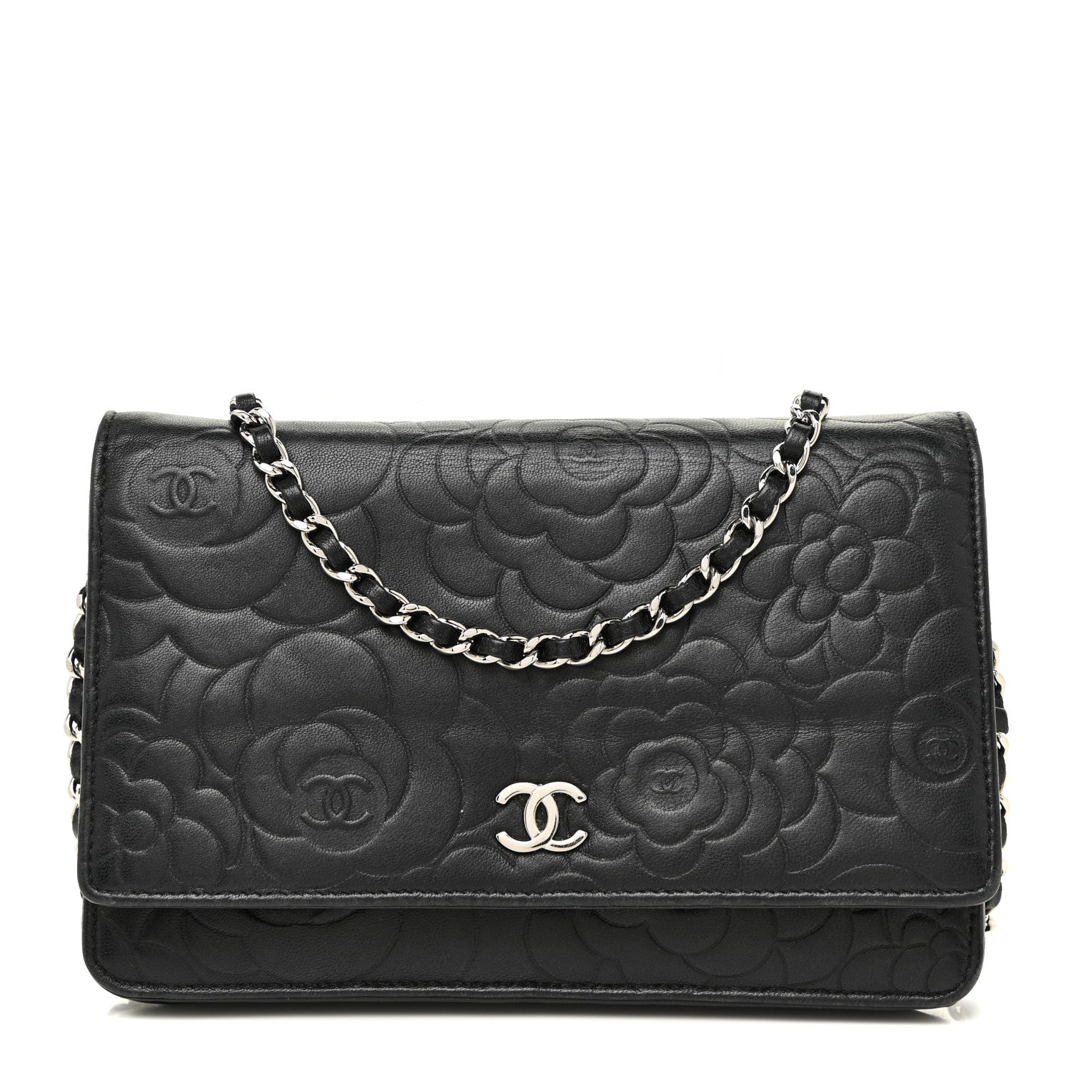 Chanel Lambskin Camellia Embossed Wallet on Chain WOC Black 1 of 17
