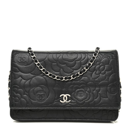 Chanel Lambskin Camellia Embossed Wallet on Chain WOC Black 1 of 17