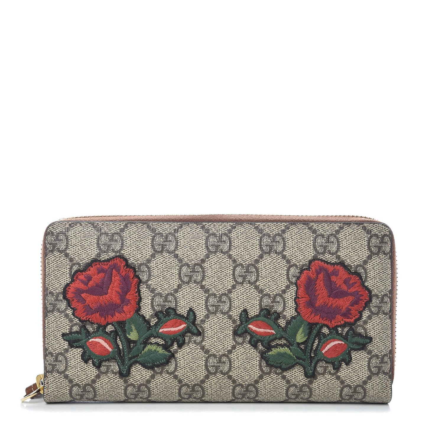 GG Supreme Monogram Embroidered Roses Zip Around Wallet Red