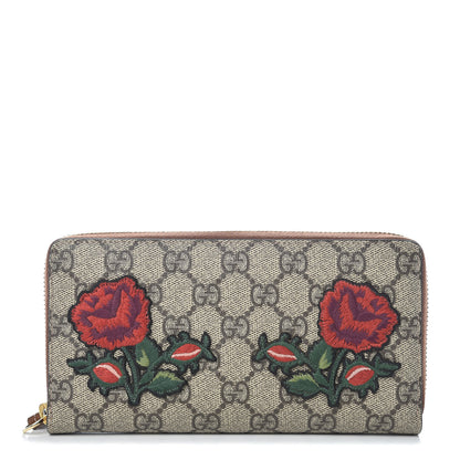 Gucci GG Supreme Monogram Embroidered Roses Zip Around Wallet Red 1 of 8
