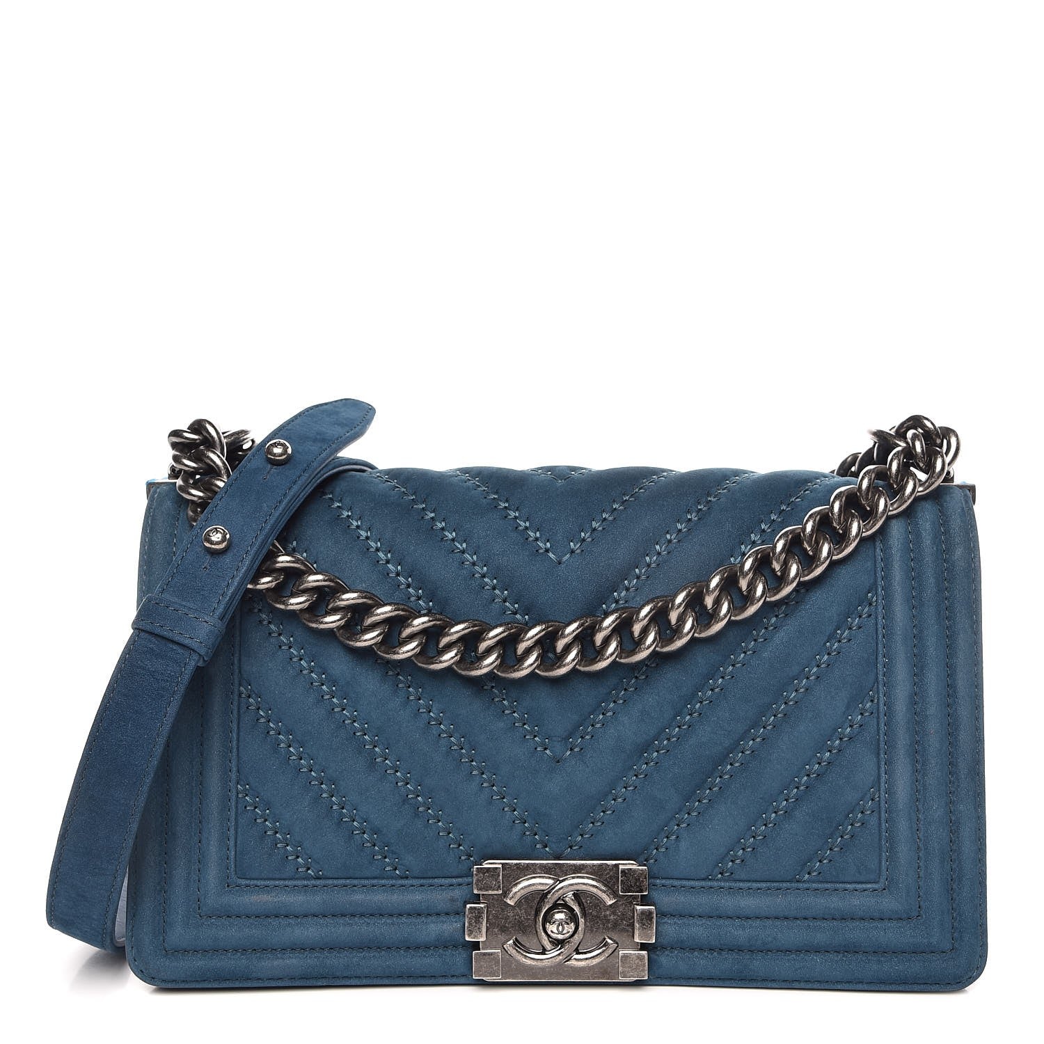 Chanel Nubuck Chevron Quilted Medium Boy Flap Blue 1 of 8