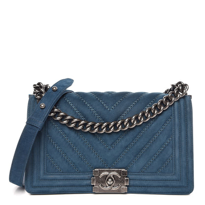 Chanel Nubuck Chevron Quilted Medium Boy Flap Blue 1 of 8