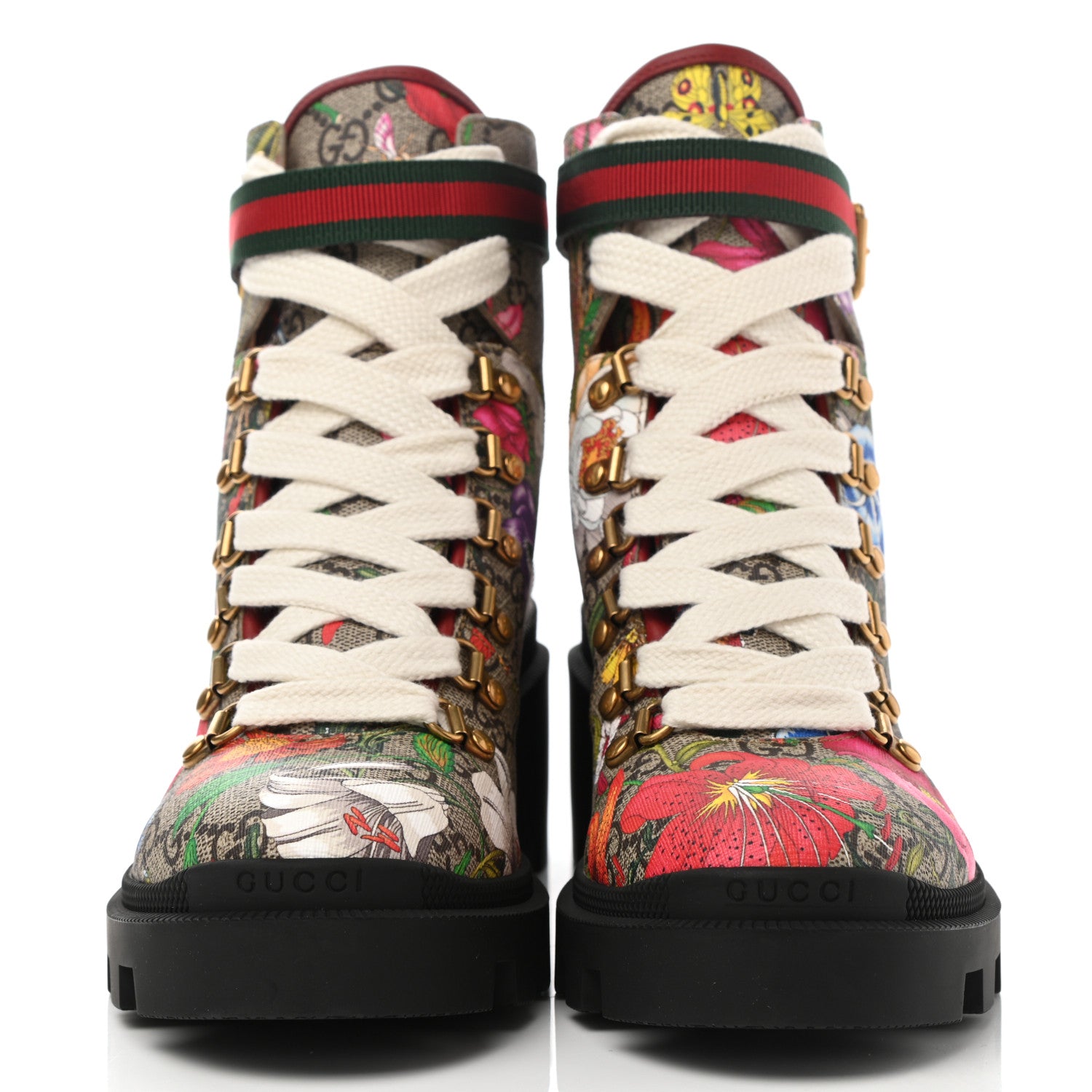 Gucci GG Supreme Monogram Flora Lace Up Combat Ankle Boots 38.5 Beige Multicolor Red 2 of 9