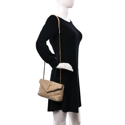 Saint Laurent Lambskin Quilted Toy Loulou Puffer Monogram Chain Satchel Dark Beige 2 of 11