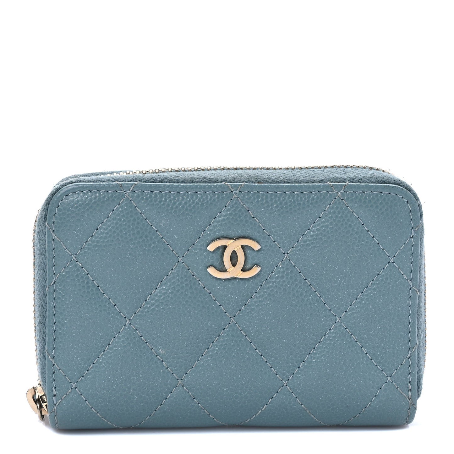 Iridescent Caviar Quilted Zip Coin Purse Light Blue
