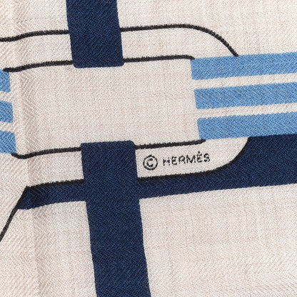 Hermes Cashmere Silk Correspondance Hermes-Paris Scarf 100 Naturel Bleu Moyen Bleu Emeraude 3 of 4