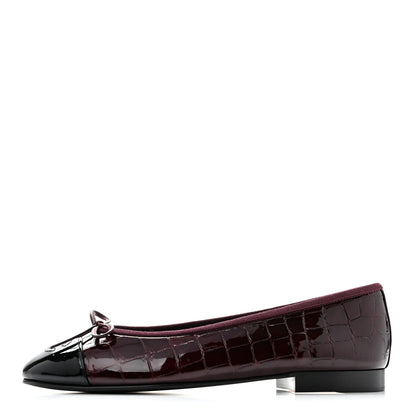 Chanel Patent Calfskin Crocodile Embossed Ballerina Flats 37 Dark Burgundy Black 1 of 10