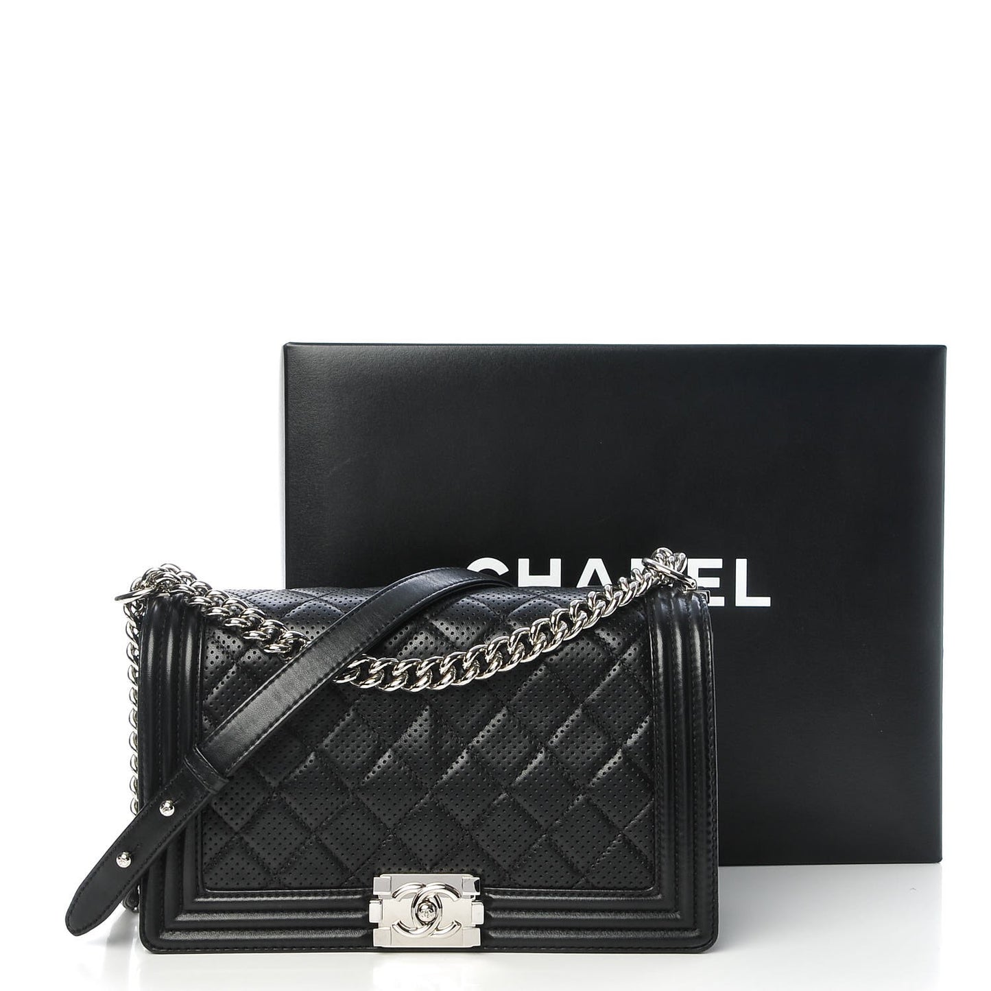 Perforated Lambskin Quilted New Medium Boy Flap Black