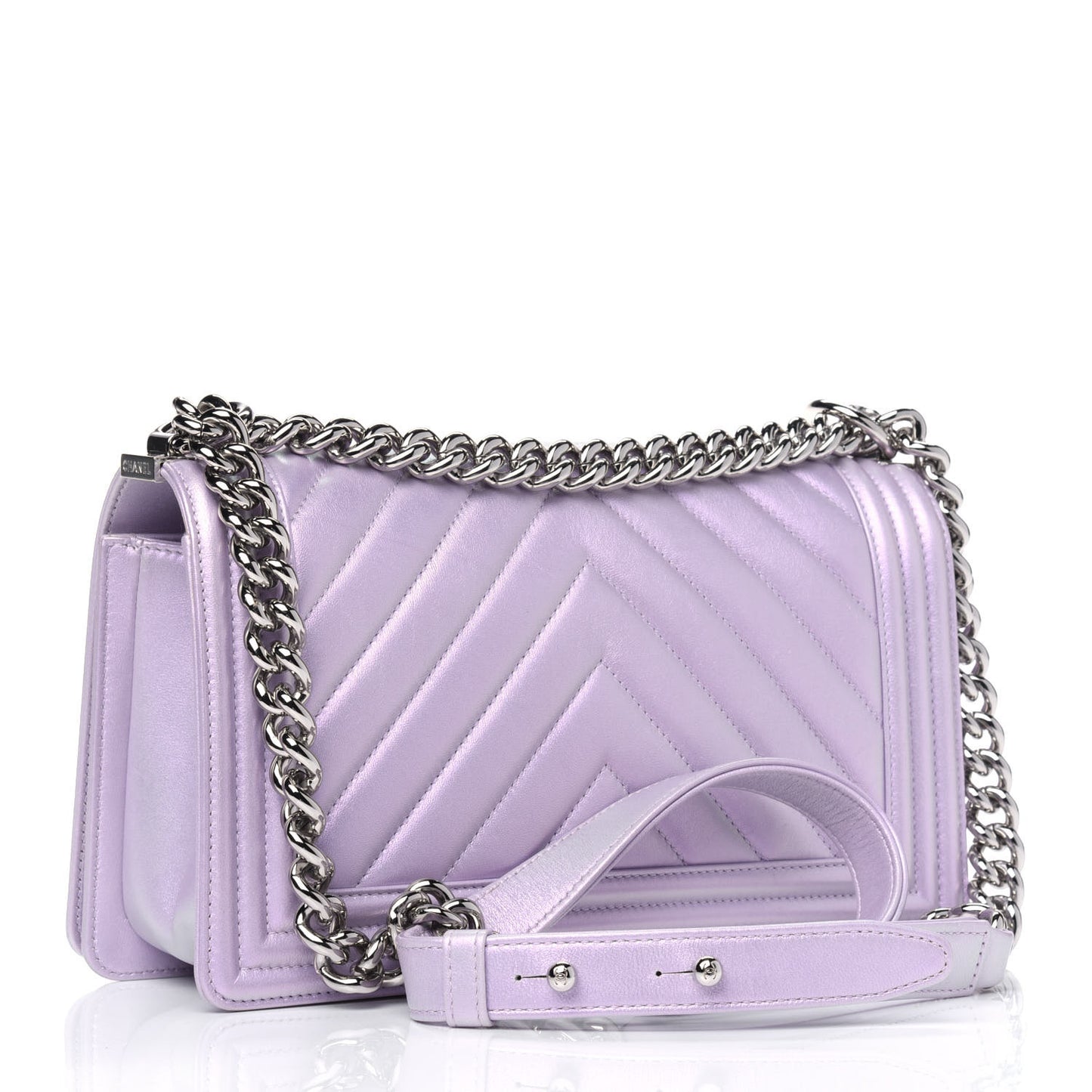 Metallic Lambskin Chevron Quilted Medium Boy Flap Purple