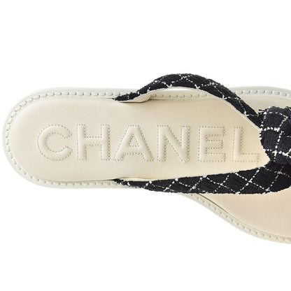 Chanel Tweed Quilted Camellia Thong Sandals 36 Black White 7 of 8