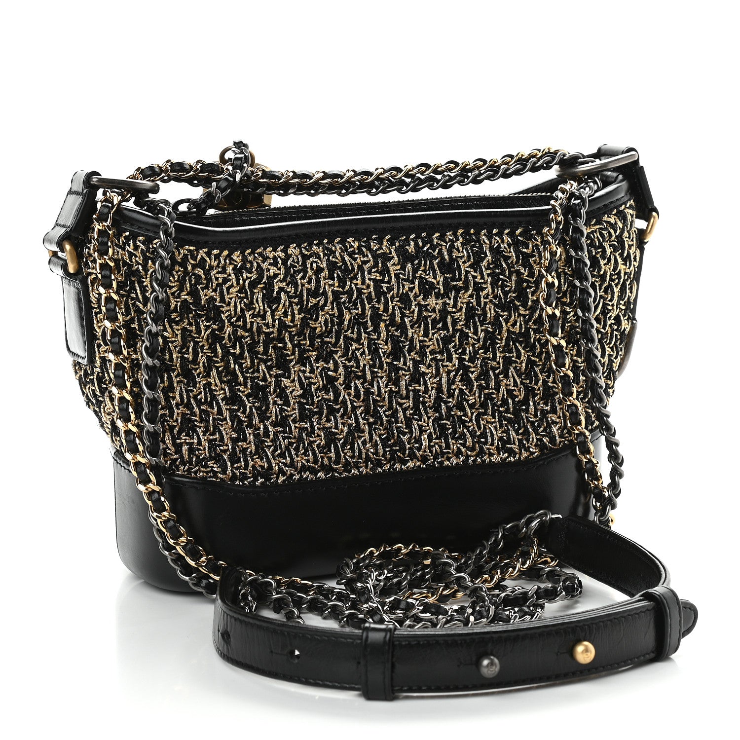 Chanel Tweed Calfskin Quilted Small Gabrielle Hobo Black Gold 4 of 9