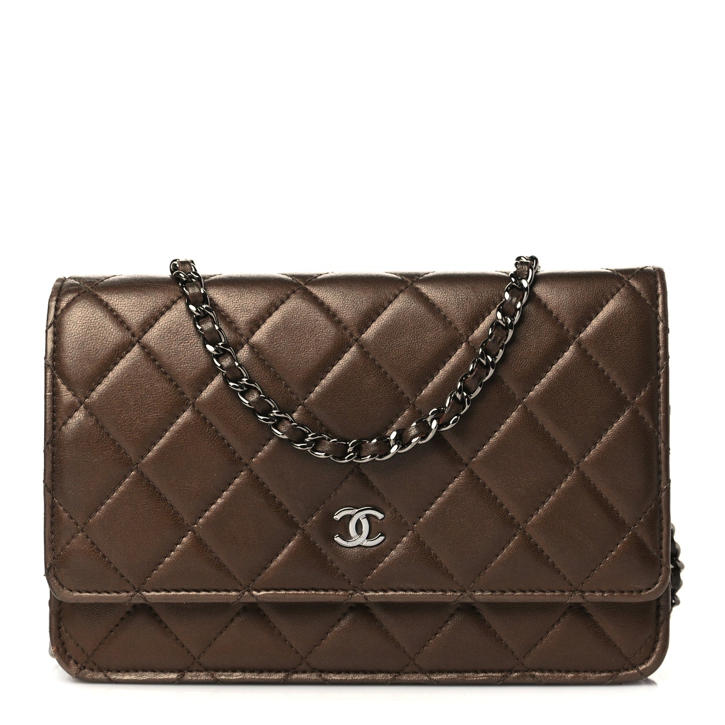 Metallic Lambskin Quilted Wallet On Chain WOC Bronze
