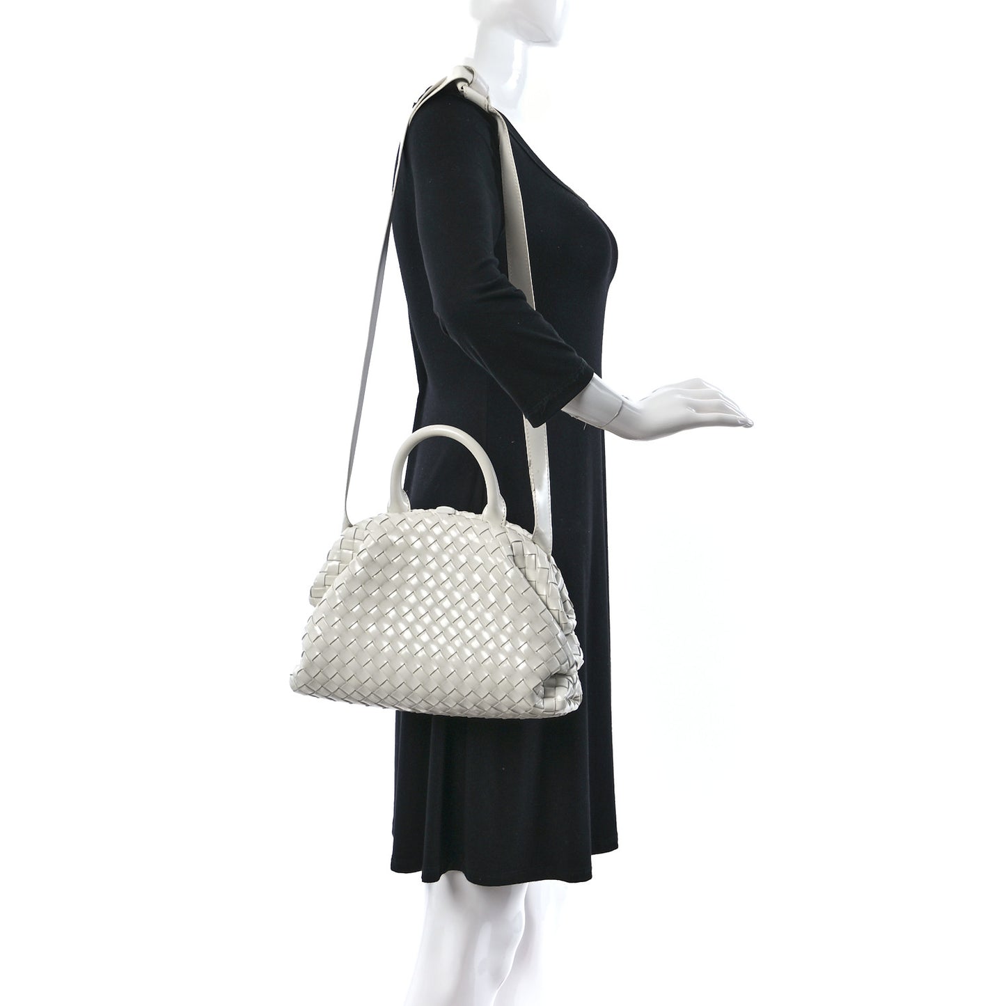 Patent Nappa Intrecciato Top Handle Shoulder Bag Chalk