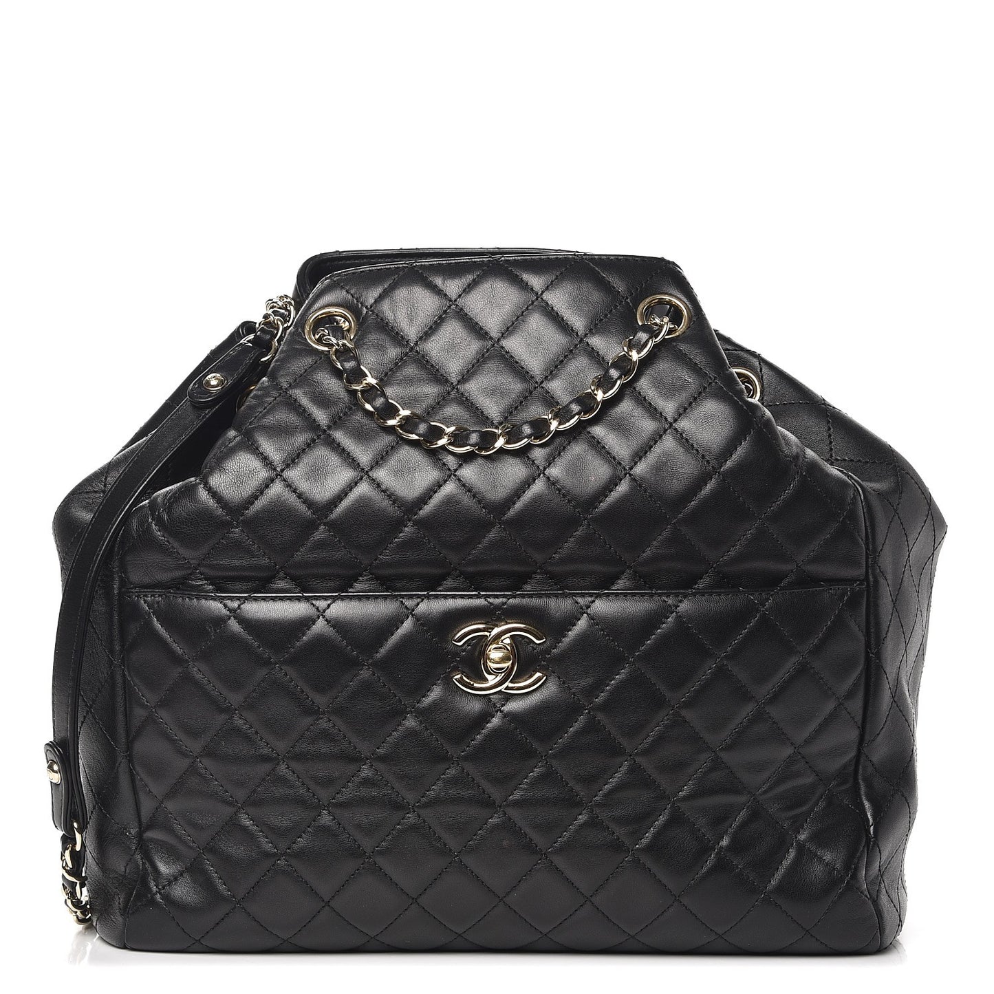 Lambskin Quilted Large Drawstring Bag Black