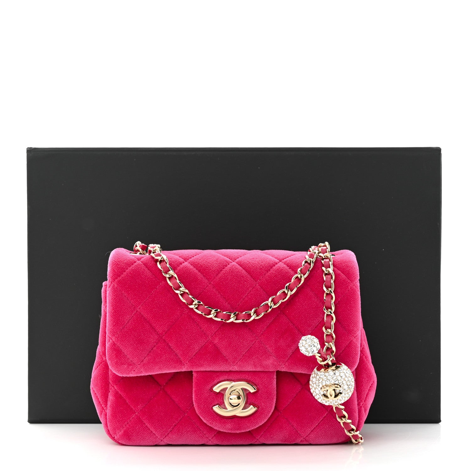 Chanel Velvet Quilted Mini Square Pearl Crush Flap Fuchsia 3 of 11