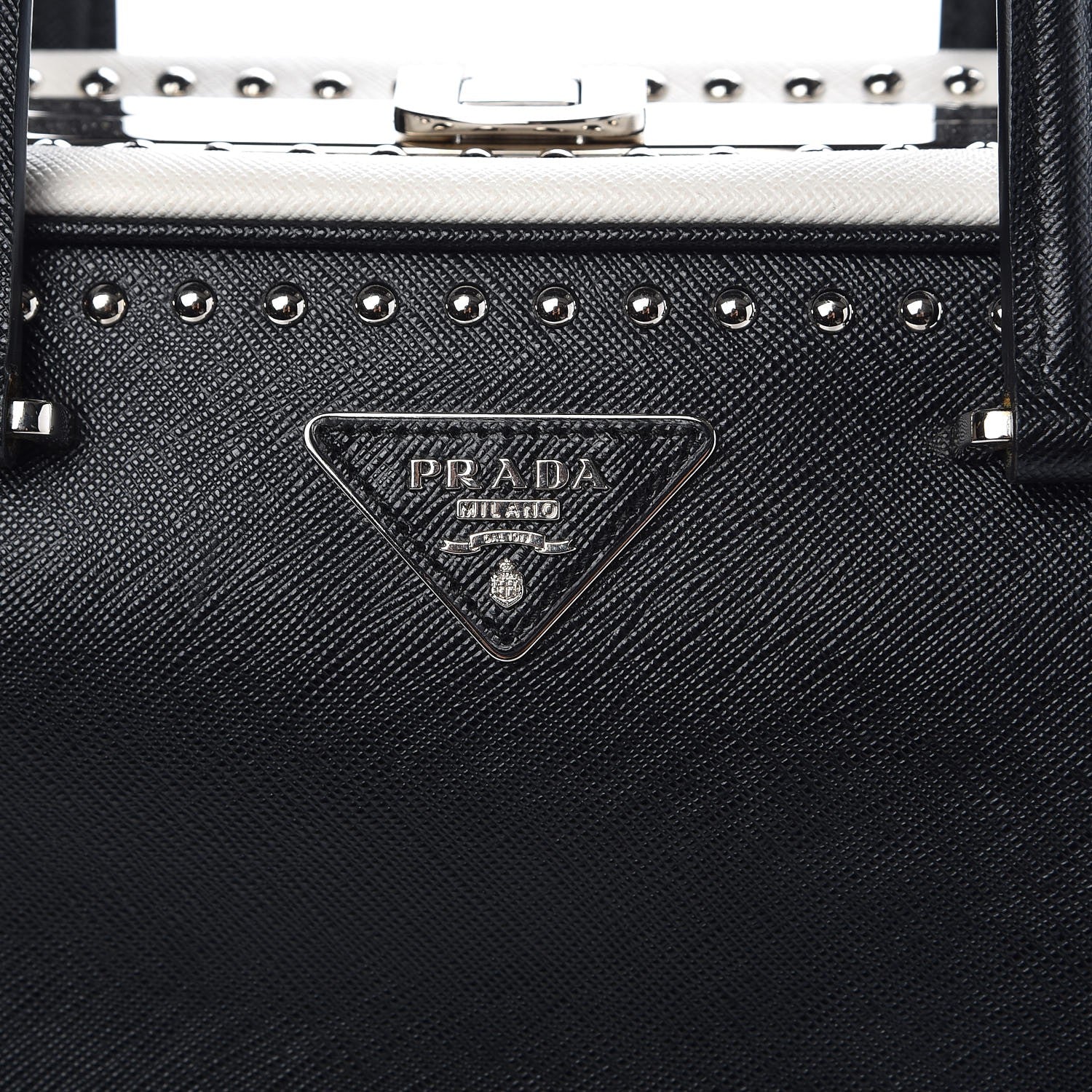 Prada Saffiano Studded Pyramid Bag Black White 5 of 9