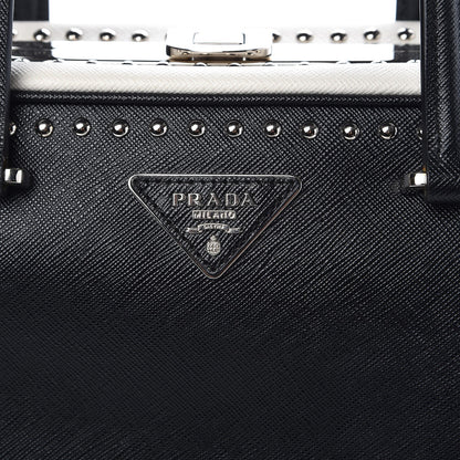 Prada Saffiano Studded Pyramid Bag Black White 5 of 9