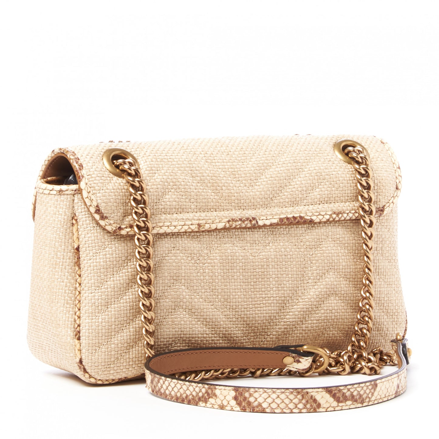 Raffia Elaphe Matelasse Small GG Marmont Shoulder Bag Natural Cream Brown