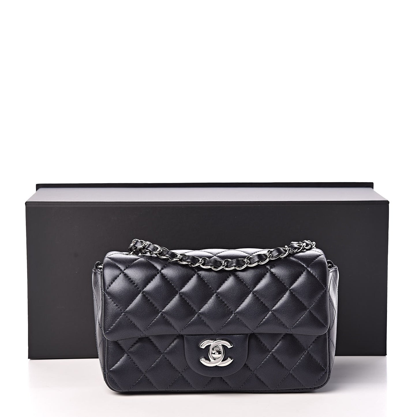Metallic Lambskin Quilted Mini Rectangular Flap Navy