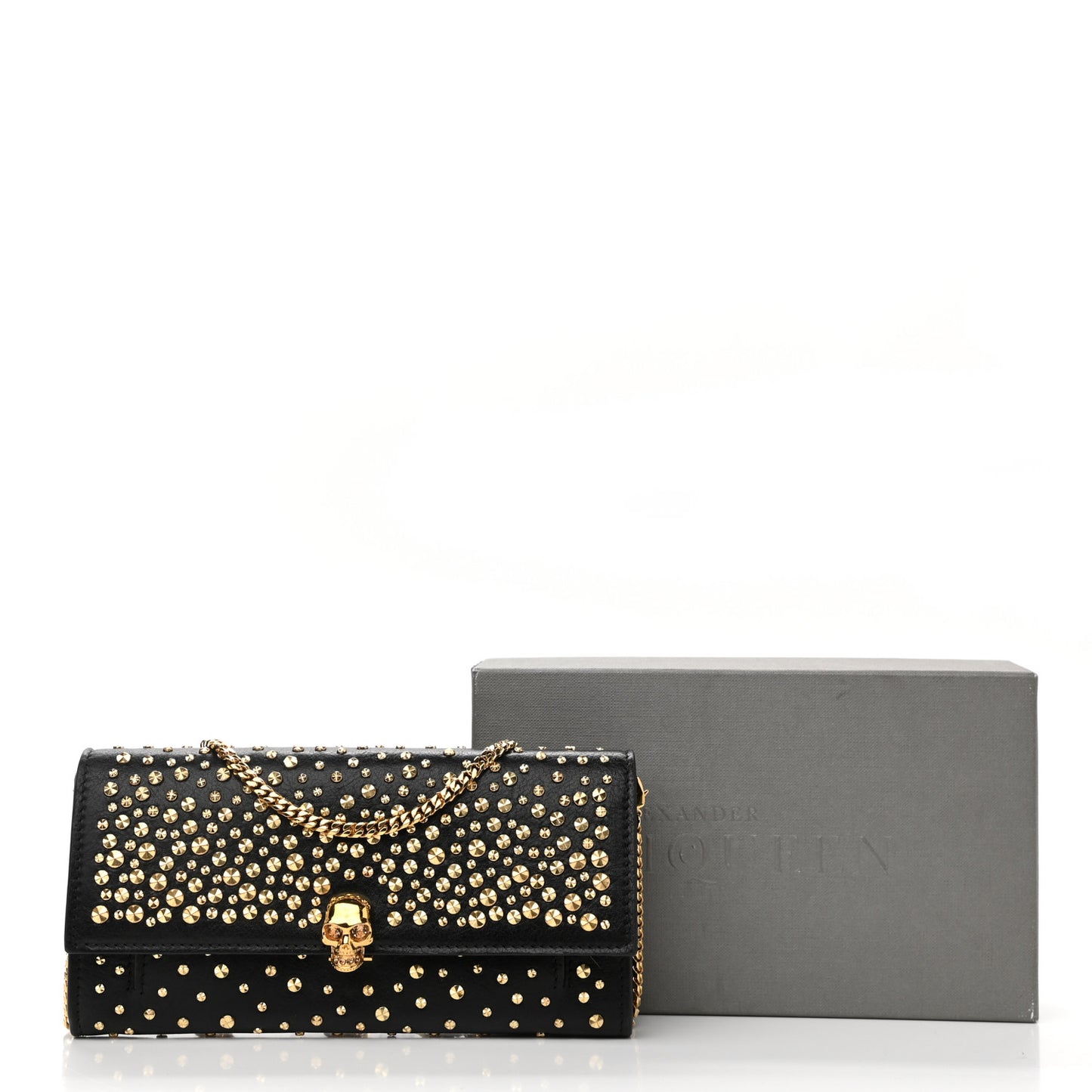 Calfskin Studded Skull Wallet on Chain Black